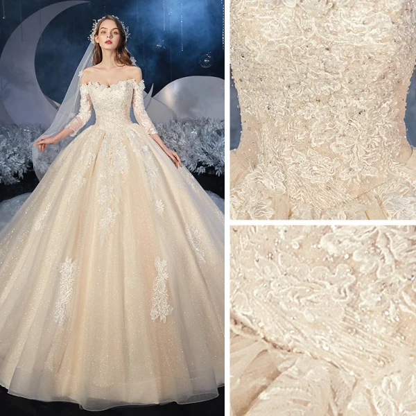 Bäst Champagne Brud Bröllopsklänningar 2020 Balklänning Av Axeln 3/4 ärm Halterneck Appliqués Spets Beading Glittriga / Glitter Tyll Cathedral Train Ruffle