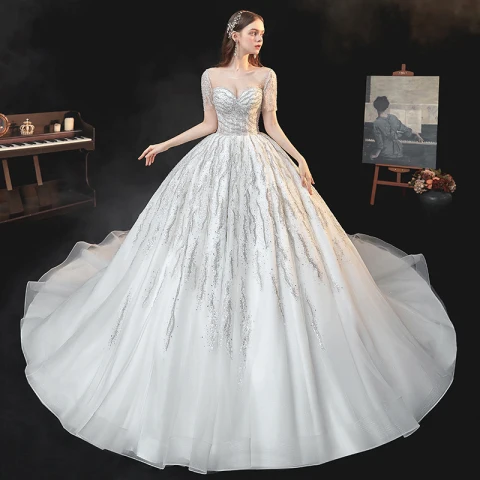 Best Ivory Bridal Wedding Dresses 2020 Ball Gown See-through Square Neckline Short Sleeve Backless Beading Sequins Cathedral Train Ruffle
