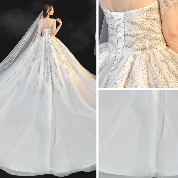 Meilleur Ivoire La Mariée Robe De Mariée 2020 Robe Boule Transparentes Encolure Carrée Manches Courtes Dos Nu Perlage Paillettes Cathedral Train Volants