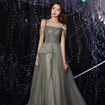 Elegant Glitter Silver Prom Dresses 2020 A Line Princess Spaghetti Straps Short Sleeve Beading Floor Length Long Ruffle Backless Formal Dresses