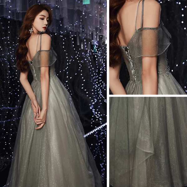 Élégant Glitter Argenté Robe De Bal 2020 Princesse Bretelles Spaghetti Manches Courtes Perlage Longue Volants Dos Nu Robe De Ceremonie