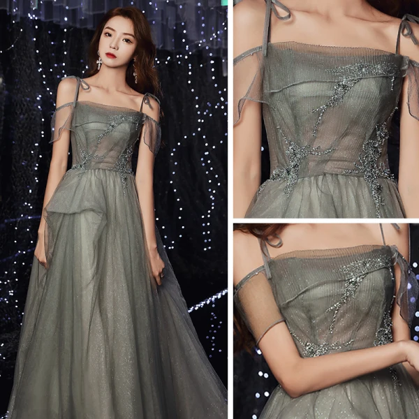 Élégant Glitter Argenté Robe De Bal 2020 Princesse Bretelles Spaghetti Manches Courtes Perlage Longue Volants Dos Nu Robe De Ceremonie