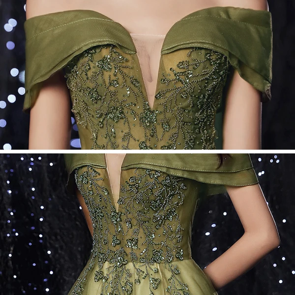 Schöne Lindgrün Abendkleider 2020 A Linie Off Shoulder Kurze Ärmel Pailletten Perlenstickerei Glanz Tülle Sweep / Pinsel Zug Rüschen Rückenfreies Festliche Kleider