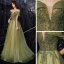 Schöne Lindgrün Abendkleider 2020 A Linie Off Shoulder Kurze Ärmel Pailletten Perlenstickerei Glanz Tülle Sweep / Pinsel Zug Rüschen Rückenfreies Festliche Kleider