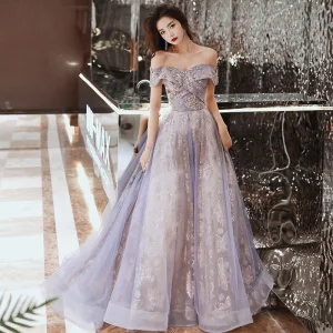 Charming Purple Prom Dresses 2020 A Line Princess Off The Shoulder Short Sleeve Appliques Sequins Sweep Train Ruffle Backless Formal Dresses