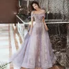 Charming Purple Prom Dresses 2020 A-Line / Princess Off-The-Shoulder Short Sleeve Appliques Sequins Sweep Train Ruffle Backless Formal Dresses