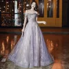 Charming Purple Prom Dresses 2020 A-Line / Princess Off-The-Shoulder Short Sleeve Appliques Sequins Sweep Train Ruffle Backless Formal Dresses