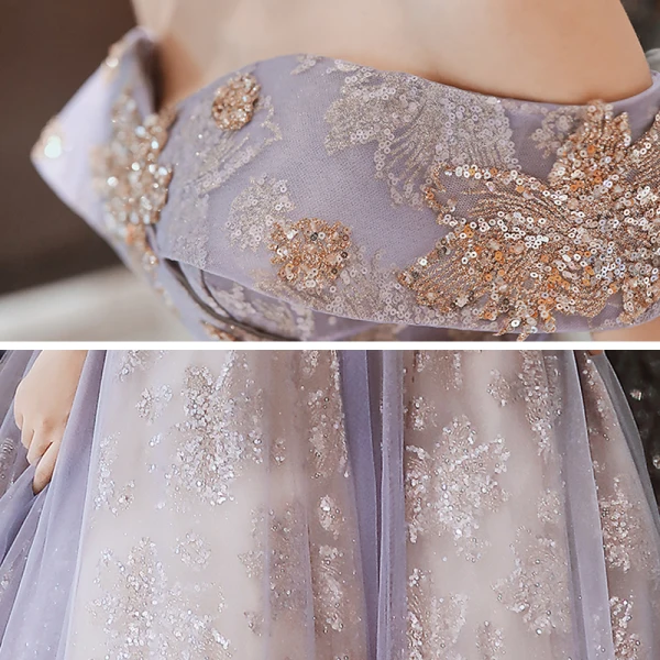 Charmant Violet Robe De Bal 2020 Princesse De l'épaule Manches Courtes Appliques Paillettes Train De Balayage Volants Dos Nu Robe De Ceremonie
