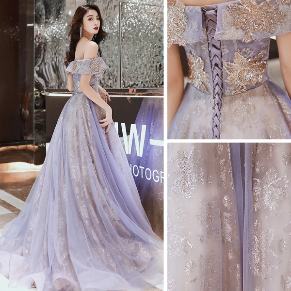 Charmant Violet Robe De Bal 2020 Princesse De l'épaule Manches Courtes Appliques Paillettes Train De Balayage Volants Dos Nu Robe De Ceremonie