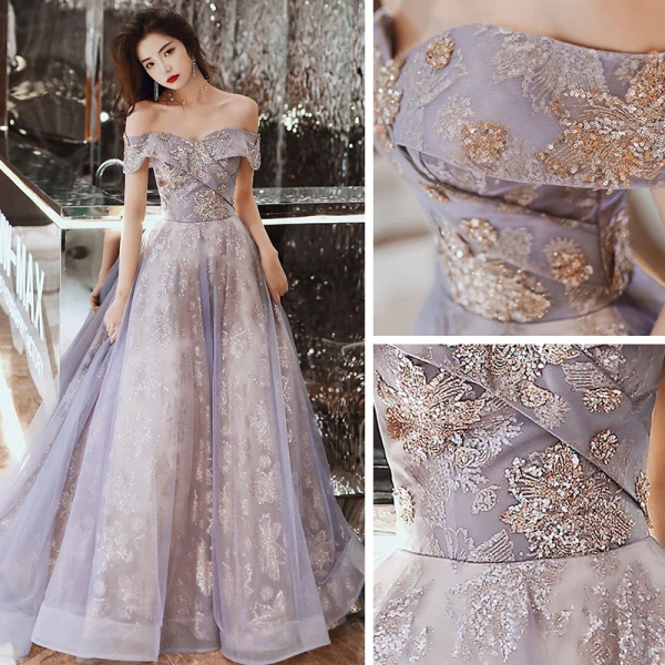 Charmant Violet Robe De Bal 2020 Princesse De l'épaule Manches Courtes Appliques Paillettes Train De Balayage Volants Dos Nu Robe De Ceremonie
