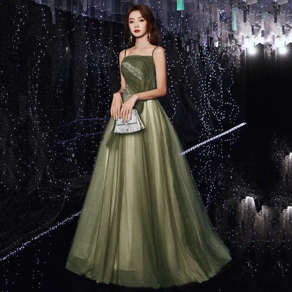 Elegant Green Prom Dresses 2020 A-Line / Princess Spaghetti Straps Sleeveless Beading Glitter Tulle Sweep Train Ruffle Backless Formal Dresses
