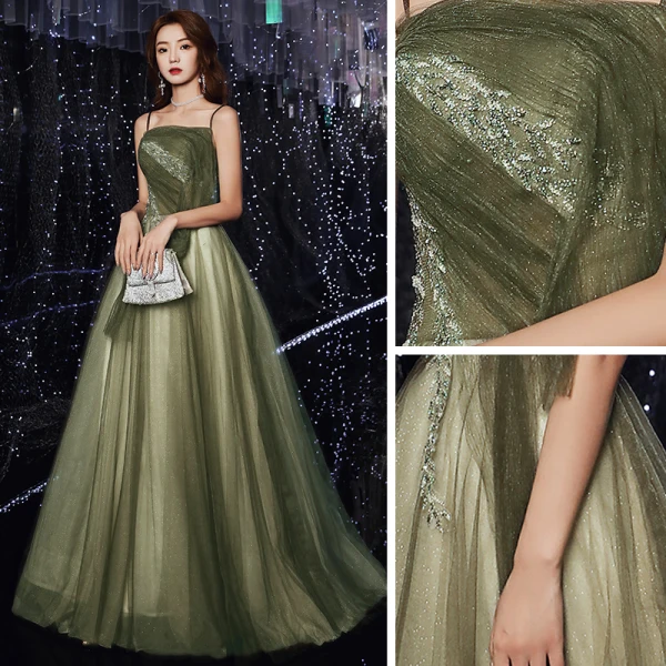 Elegante Grün Ballkleider 2020 A Linie Spaghettiträger Ärmellos Perlenstickerei Glanz Tülle Sweep / Pinsel Zug Rüschen Rückenfreies Festliche Kleider