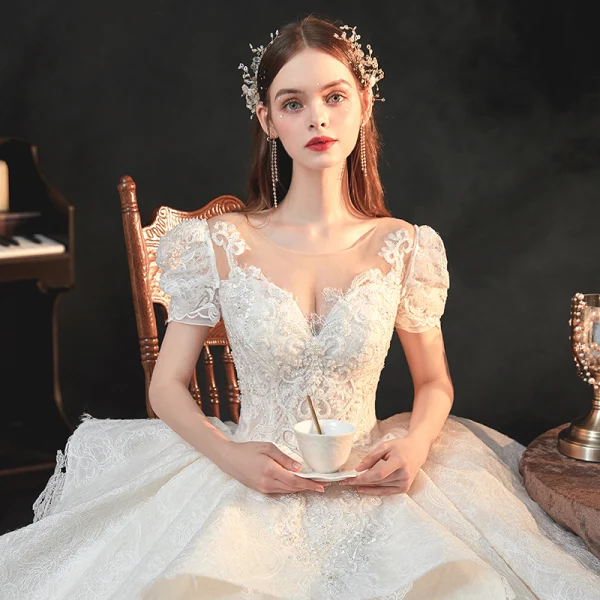 Vintage / Retro Ivory Bridal Wedding Dresses 2020 Ball Gown See-through Scoop Neck Puffy Short Sleeve Backless Appliques Lace Beading Cathedral Train Ruffle