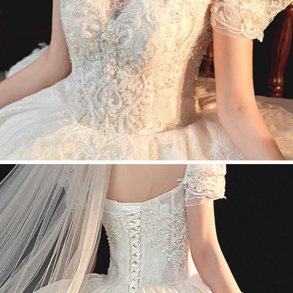 Vintage / Retro Ivory Bridal Wedding Dresses 2020 Ball Gown See-through Scoop Neck Puffy Short Sleeve Backless Appliques Lace Beading Cathedral Train Ruffle