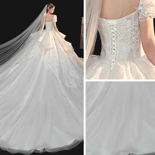 Vintage / Retro Ivory Bridal Wedding Dresses 2020 Ball Gown See-through Scoop Neck Puffy Short Sleeve Backless Appliques Lace Beading Cathedral Train Ruffle