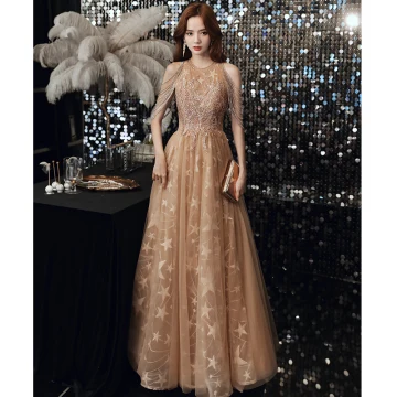 Chic Beautiful Champagne Prom Dresses 2020 A Line Princess Scoop Neck Star Appliques Lace Sequins Beading Floor Length Long Ruffle Backless Formal Dresses