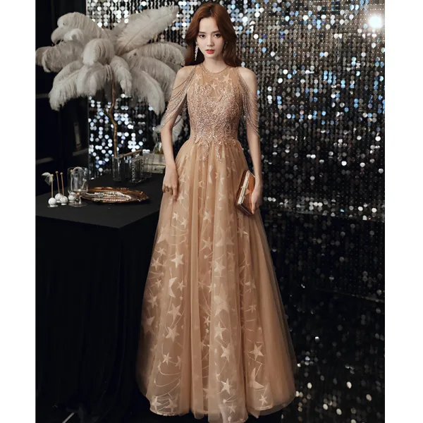 Chic / Beautiful Champagne Prom Dresses 2020 A-Line / Princess Scoop Neck Star Appliques Lace Sequins Beading Floor-Length / Long Ruffle Backless Formal Dresses