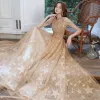 Chic / Beautiful Champagne Prom Dresses 2020 A-Line / Princess Scoop Neck Star Appliques Lace Sequins Beading Floor-Length / Long Ruffle Backless Formal Dresses