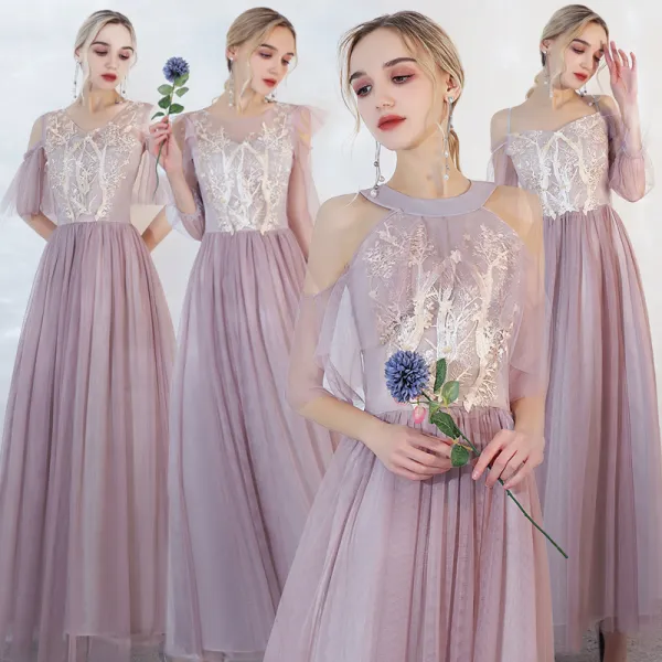 Affordable Lilac Bridesmaid Dresses 2020 A-Line / Princess Backless Appliques Lace Floor-Length / Long Ruffle