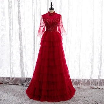 Vintage Retro Red Dancing Prom Dresses 2020 A Line Princess See Through High Neck Bell Sleeves Sequins Beading Floor Length Long Cascading Ruffles Backless Formal Dresses