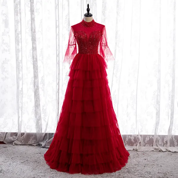 Vintage / Retro Red Dancing Prom Dresses 2020 A-Line / Princess See-through High Neck Bell sleeves Sequins Beading Floor-Length / Long Cascading Ruffles Backless Formal Dresses