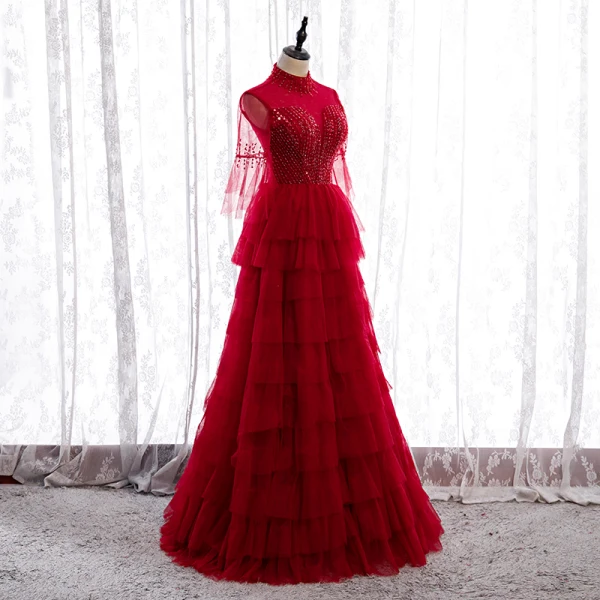 Vintage / Retro Red Dancing Prom Dresses 2020 A-Line / Princess See-through High Neck Bell sleeves Sequins Beading Floor-Length / Long Cascading Ruffles Backless Formal Dresses