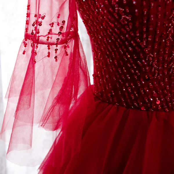 Vintage / Retro Red Dancing Prom Dresses 2020 A-Line / Princess See-through High Neck Bell sleeves Sequins Beading Floor-Length / Long Cascading Ruffles Backless Formal Dresses
