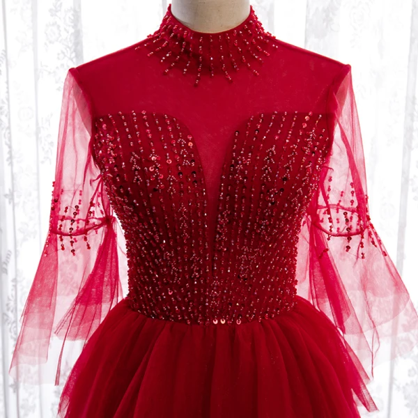 Vintage / Retro Red Dancing Prom Dresses 2020 A-Line / Princess See-through High Neck Bell sleeves Sequins Beading Floor-Length / Long Cascading Ruffles Backless Formal Dresses