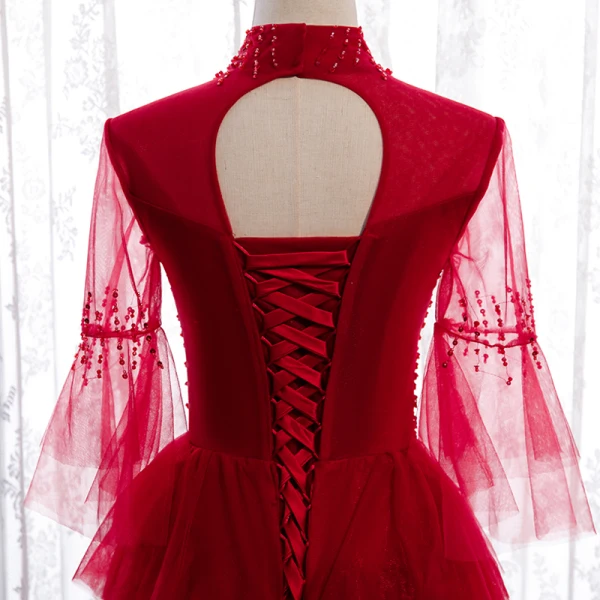 Vintage / Retro Red Dancing Prom Dresses 2020 A-Line / Princess See-through High Neck Bell sleeves Sequins Beading Floor-Length / Long Cascading Ruffles Backless Formal Dresses