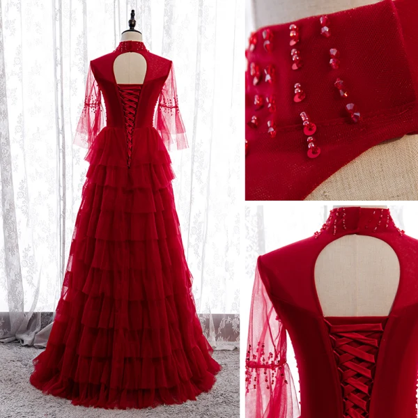 Vintage / Retro Red Dancing Prom Dresses 2020 A-Line / Princess See-through High Neck Bell sleeves Sequins Beading Floor-Length / Long Cascading Ruffles Backless Formal Dresses