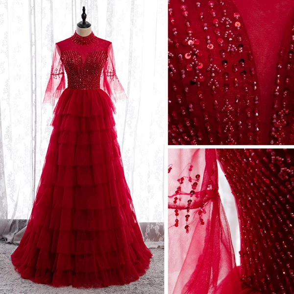 Vintage / Retro Red Dancing Prom Dresses 2020 A-Line / Princess See-through High Neck Bell sleeves Sequins Beading Floor-Length / Long Cascading Ruffles Backless Formal Dresses
