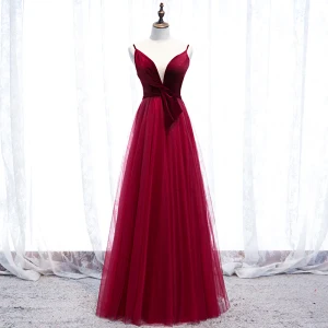 Abordable Bordeaux Robe De Bal 2020 Princesse Col V Profond Sans Manches Ceinture Longue Volants Dos Nu Robe De Ceremonie