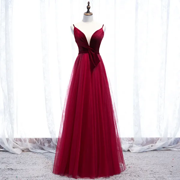 Affordable Burgundy Prom Dresses 2020 A-Line / Princess Deep V-Neck Sleeveless Sash Floor-Length / Long Ruffle Backless Formal Dresses
