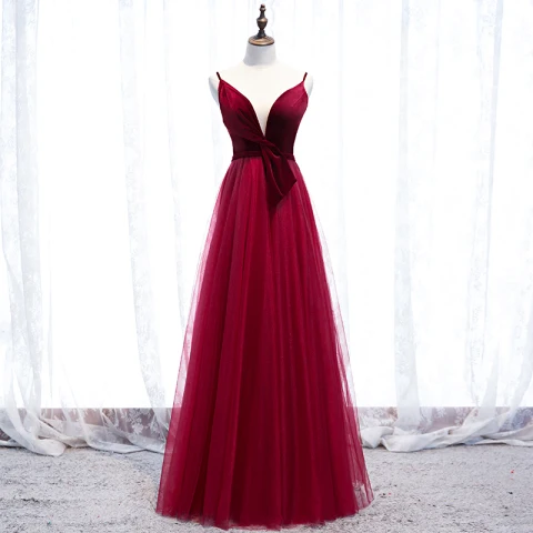 Asequible Borgoña Vestidos de gala 2020 A-Line / Princess V-cuello Profundo Sin Mangas Cinturón Largos Ruffle Sin Espalda Vestidos Formales