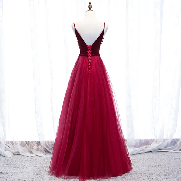 Affordable Burgundy Prom Dresses 2020 A-Line / Princess Deep V-Neck Sleeveless Sash Floor-Length / Long Ruffle Backless Formal Dresses