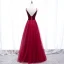 Affordable Burgundy Prom Dresses 2020 A-Line / Princess Deep V-Neck Sleeveless Sash Floor-Length / Long Ruffle Backless Formal Dresses