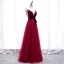 Affordable Burgundy Prom Dresses 2020 A-Line / Princess Deep V-Neck Sleeveless Sash Floor-Length / Long Ruffle Backless Formal Dresses