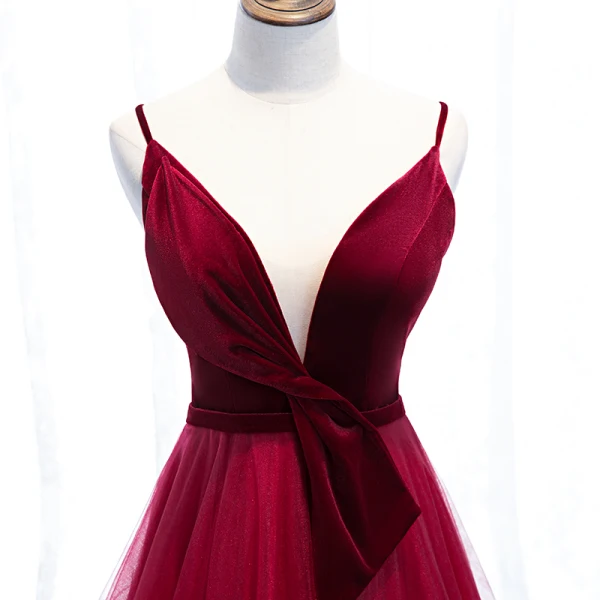 Affordable Burgundy Prom Dresses 2020 A-Line / Princess Deep V-Neck Sleeveless Sash Floor-Length / Long Ruffle Backless Formal Dresses