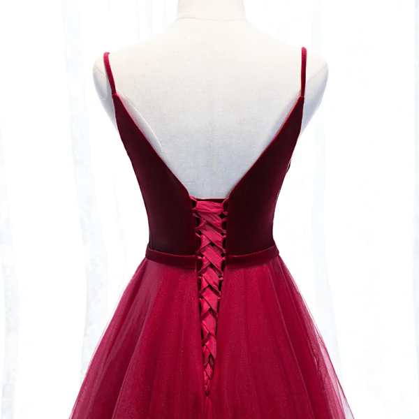 Affordable Burgundy Prom Dresses 2020 A-Line / Princess Deep V-Neck Sleeveless Sash Floor-Length / Long Ruffle Backless Formal Dresses