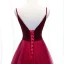 Affordable Burgundy Prom Dresses 2020 A-Line / Princess Deep V-Neck Sleeveless Sash Floor-Length / Long Ruffle Backless Formal Dresses