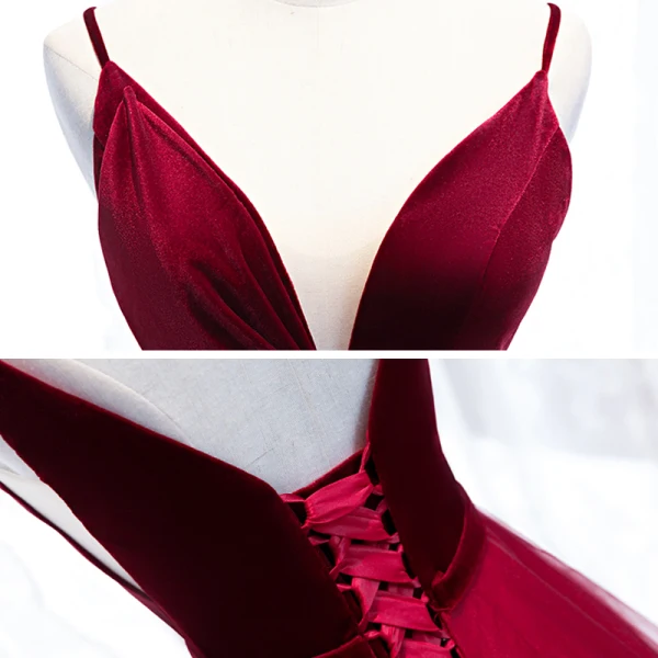 Affordable Burgundy Prom Dresses 2020 A-Line / Princess Deep V-Neck Sleeveless Sash Floor-Length / Long Ruffle Backless Formal Dresses