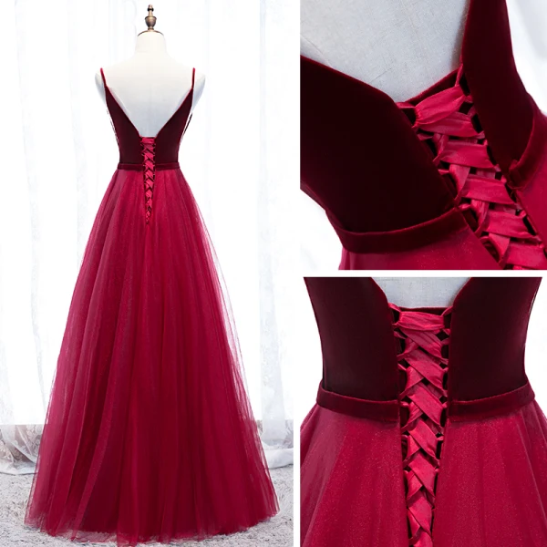 Affordable Burgundy Prom Dresses 2020 A-Line / Princess Deep V-Neck Sleeveless Sash Floor-Length / Long Ruffle Backless Formal Dresses