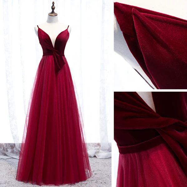 Affordable Burgundy Prom Dresses 2020 A-Line / Princess Deep V-Neck Sleeveless Sash Floor-Length / Long Ruffle Backless Formal Dresses