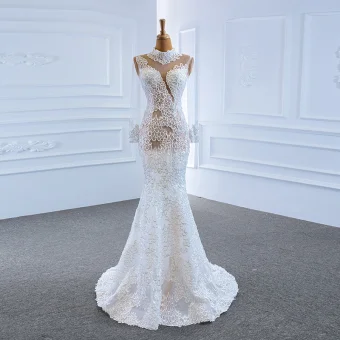 Luxury Gorgeous White See Through Bridal Wedding Dresses 2020 Trumpet Mermaid High Neck Long Sleeve Appliques Lace Handmade Beading Sweep Train