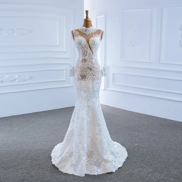 Luxury / Gorgeous White See-through Bridal Wedding Dresses 2020 Trumpet / Mermaid High Neck Long Sleeve Appliques Lace Handmade  Beading Sweep Train