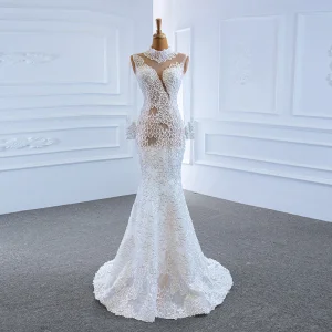 Luxury Gorgeous White See Through Bridal Wedding Dresses 2020 Trumpet Mermaid High Neck Long Sleeve Appliques Lace Handmade Beading Sweep Train