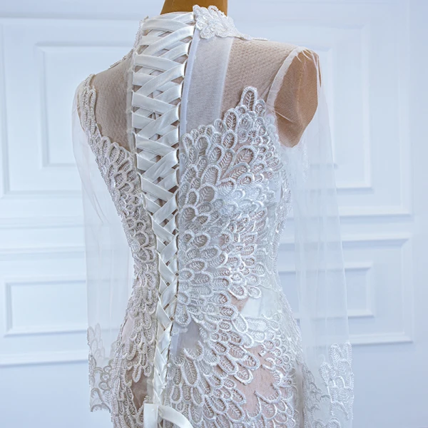 Luxe Blanche Transparentes La Mariée Robe De Mariée 2020 Trompette / Sirène Col Haut Manches Longues Appliques En Dentelle Fait main Perlage Train De Balayage