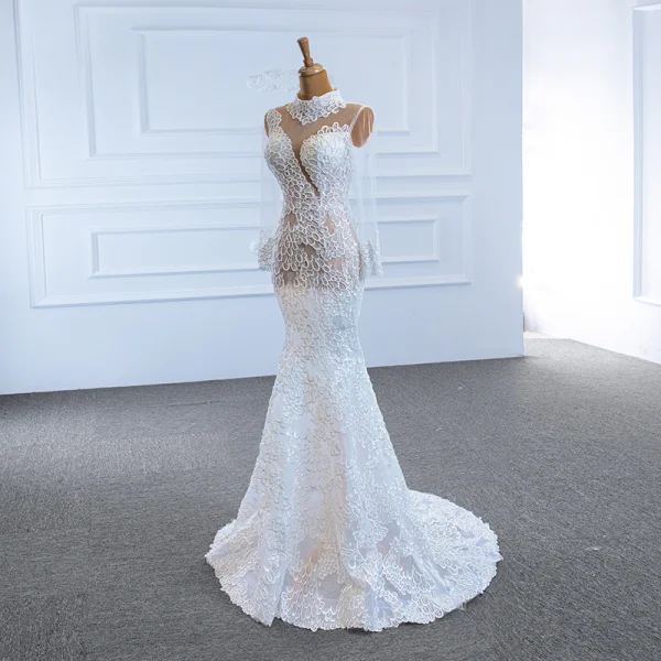 Luxe Blanche Transparentes La Mariée Robe De Mariée 2020 Trompette / Sirène Col Haut Manches Longues Appliques En Dentelle Fait main Perlage Train De Balayage