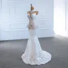 Luxury / Gorgeous White See-through Bridal Wedding Dresses 2020 Trumpet / Mermaid High Neck Long Sleeve Appliques Lace Handmade  Beading Sweep Train