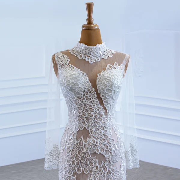 Luxe Blanche Transparentes La Mariée Robe De Mariée 2020 Trompette / Sirène Col Haut Manches Longues Appliques En Dentelle Fait main Perlage Train De Balayage